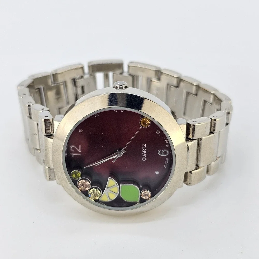 Women Watch 38MM Burgundy Dial Charms on Dial Gray Metal Bands 6.5